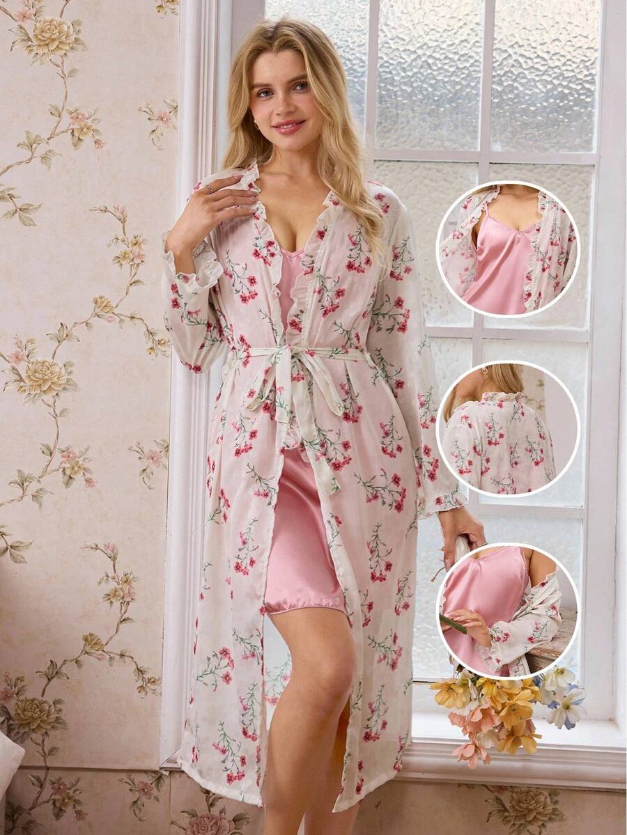 Two-piece floral print sheer jacket and satin slip dress set