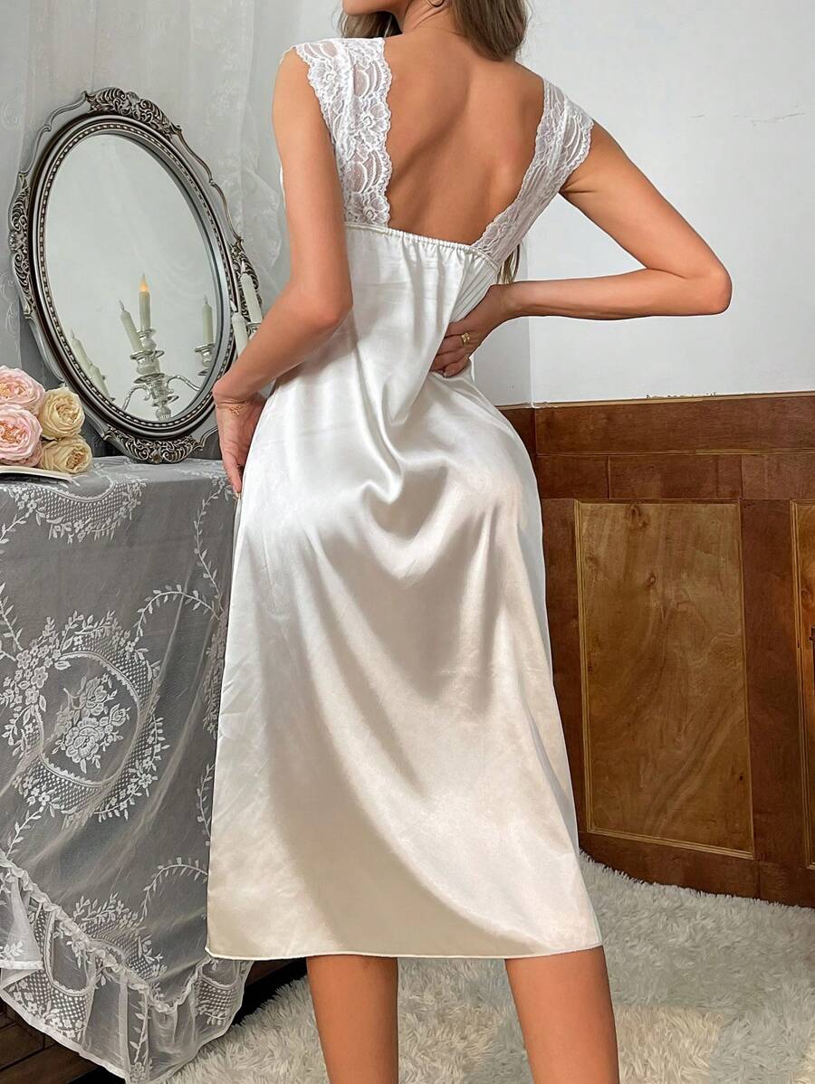 Women's summer sleeveless lace patchwork nightgown, luxury home wear