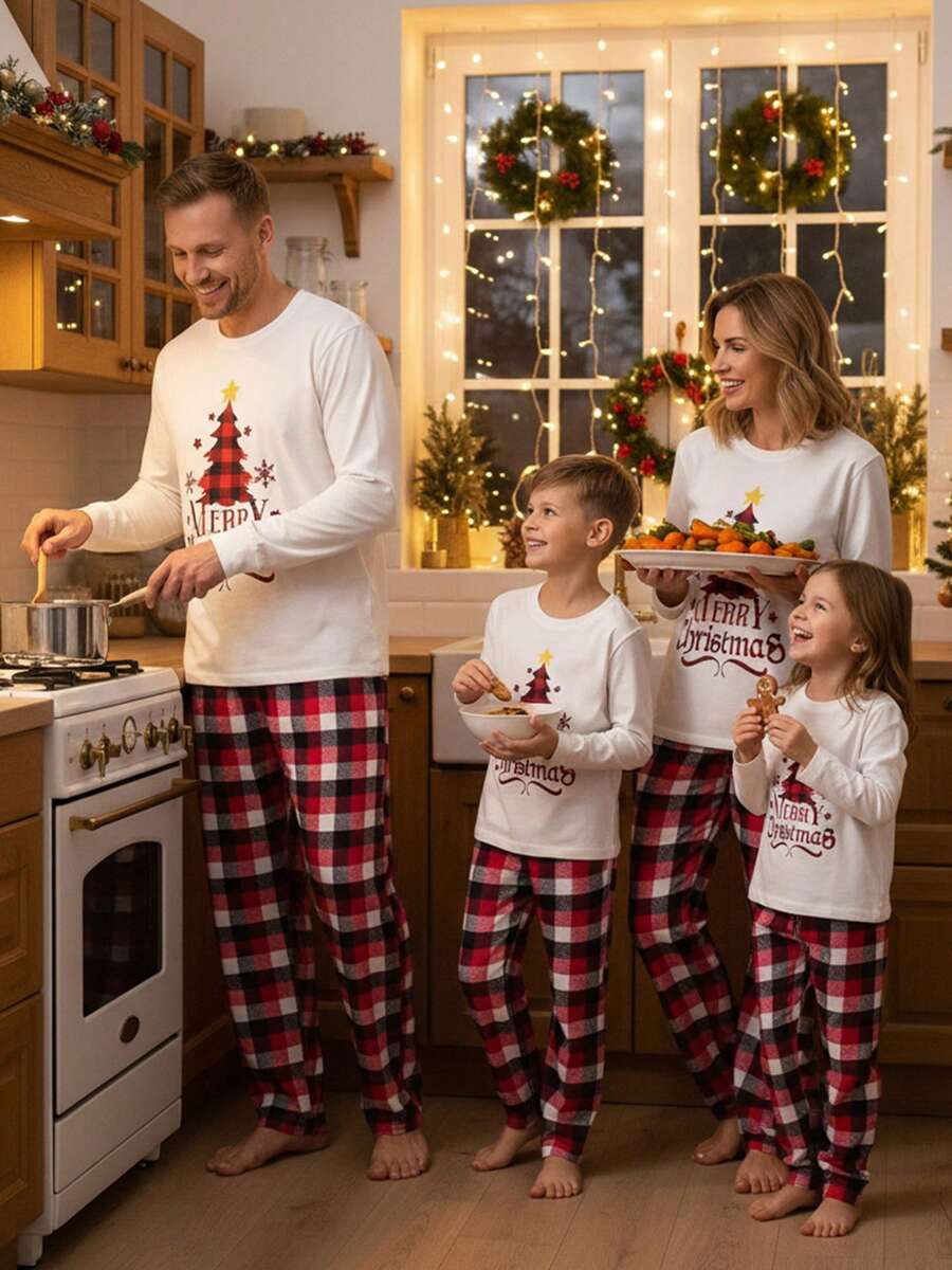 Christmas Parent-Child Pajama Set, Christmas Pajamas, Family-Friendly Christmas Pajamas, Christmas Family Pajama Set, Featuring A Long-Sleeved Top With Christmas Tree Letter Patterns And Plaid Pants. Suitable For A Family Of Four, This Christmas Pajama Se