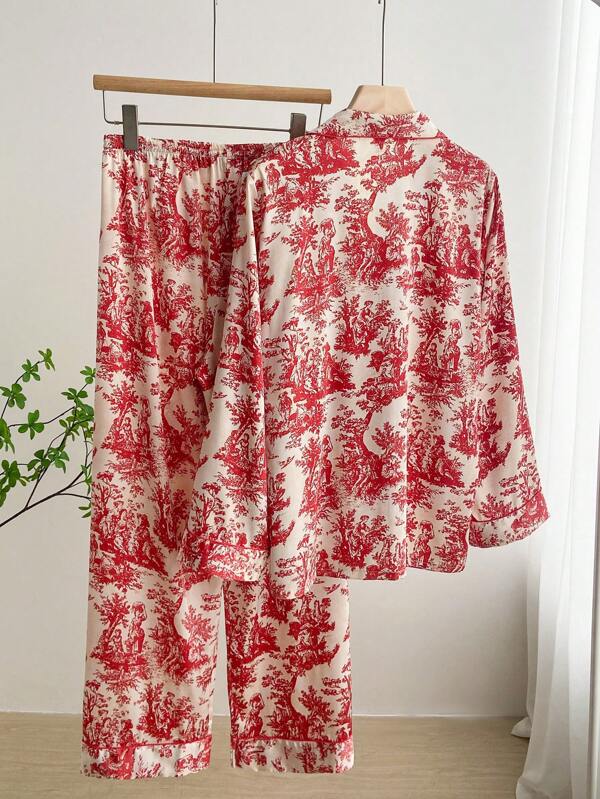 2pcs Women's Ink Printing Ice Silk Pajamas, Simple Turn-Down Collar Long Sleeve Homewear Set, Two Pieces Set