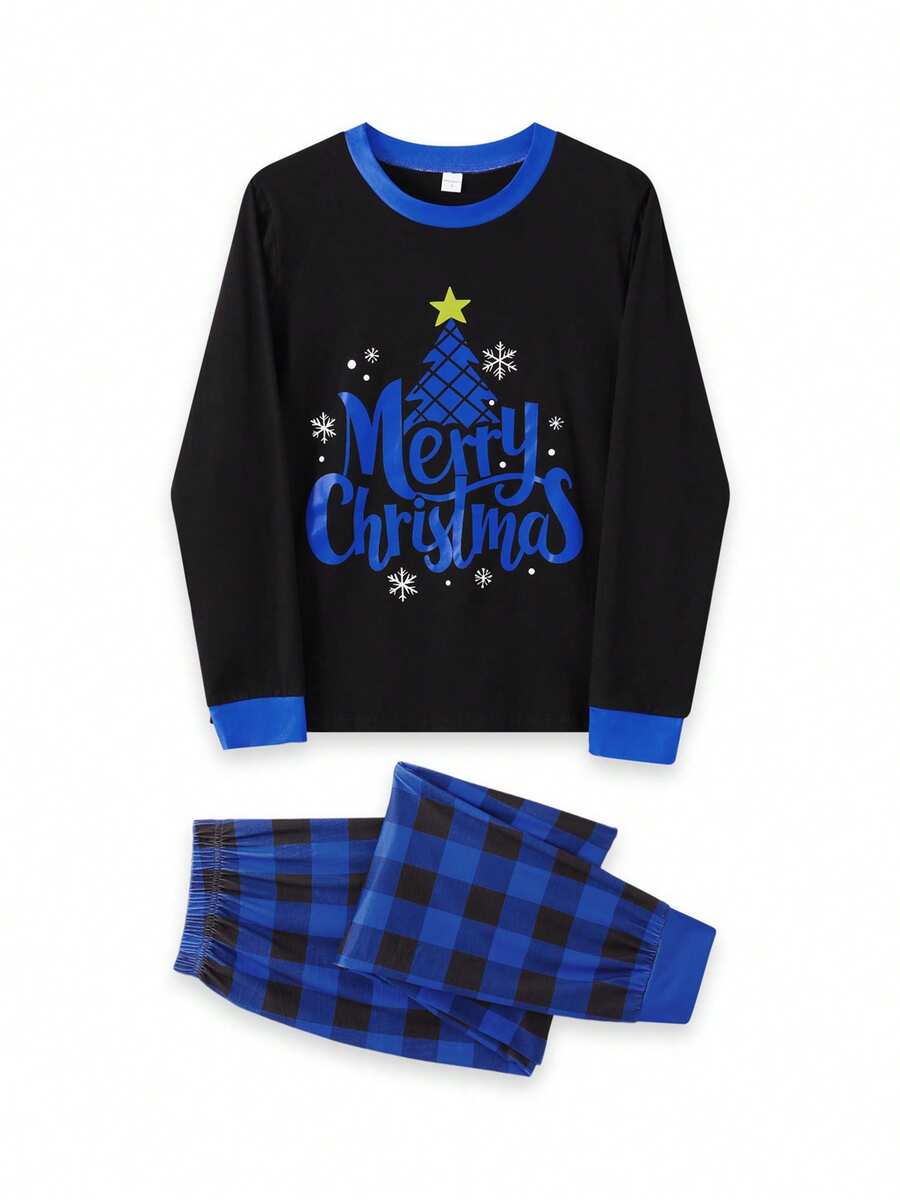 Christmas Parent-Child Pajama Set: Long-Sleeved Top With Star, Moon, And Tree Print Paired With Buffalo Plaid Trousers.