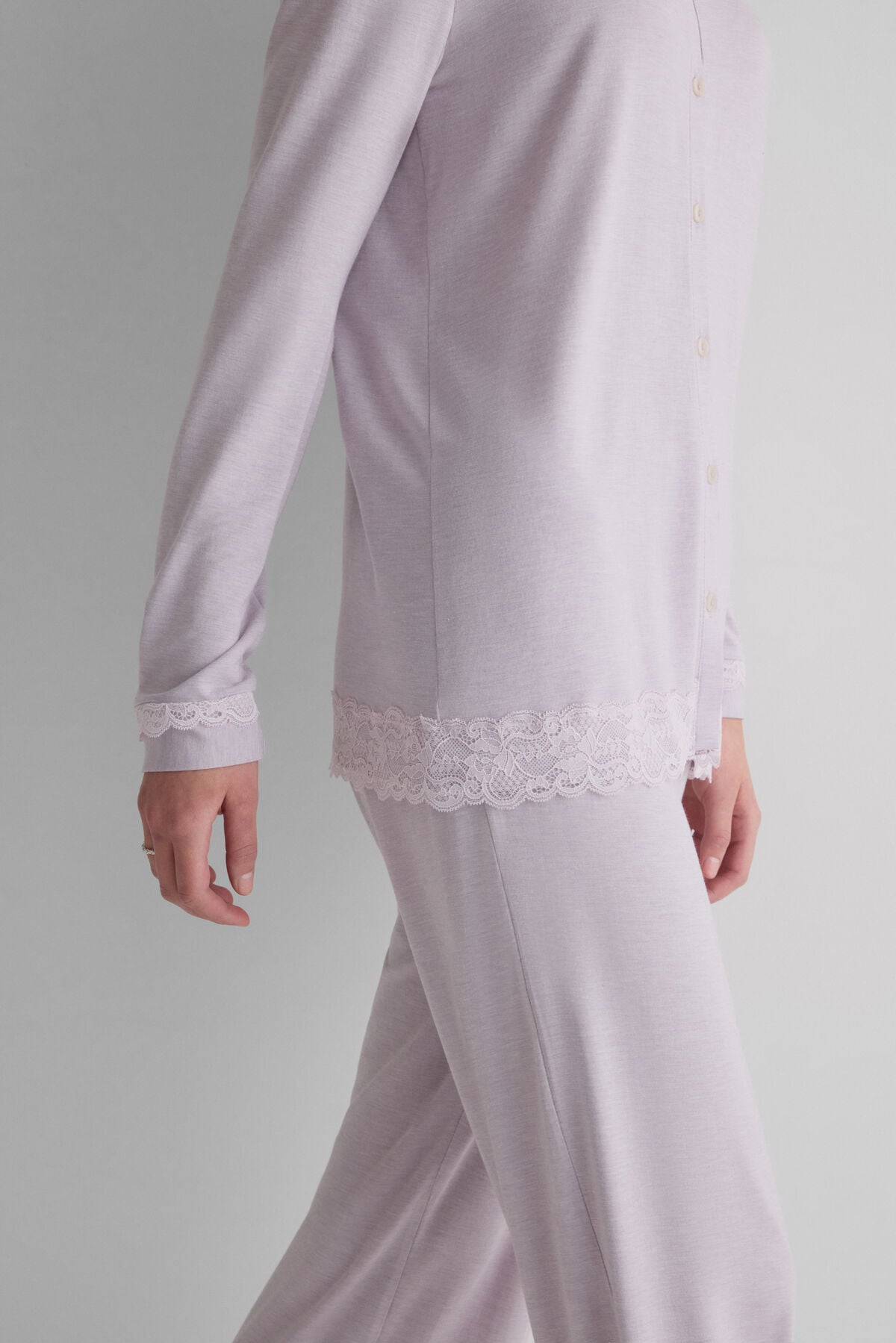 Lace Trim Button Up Full Length Pajamas in Modal