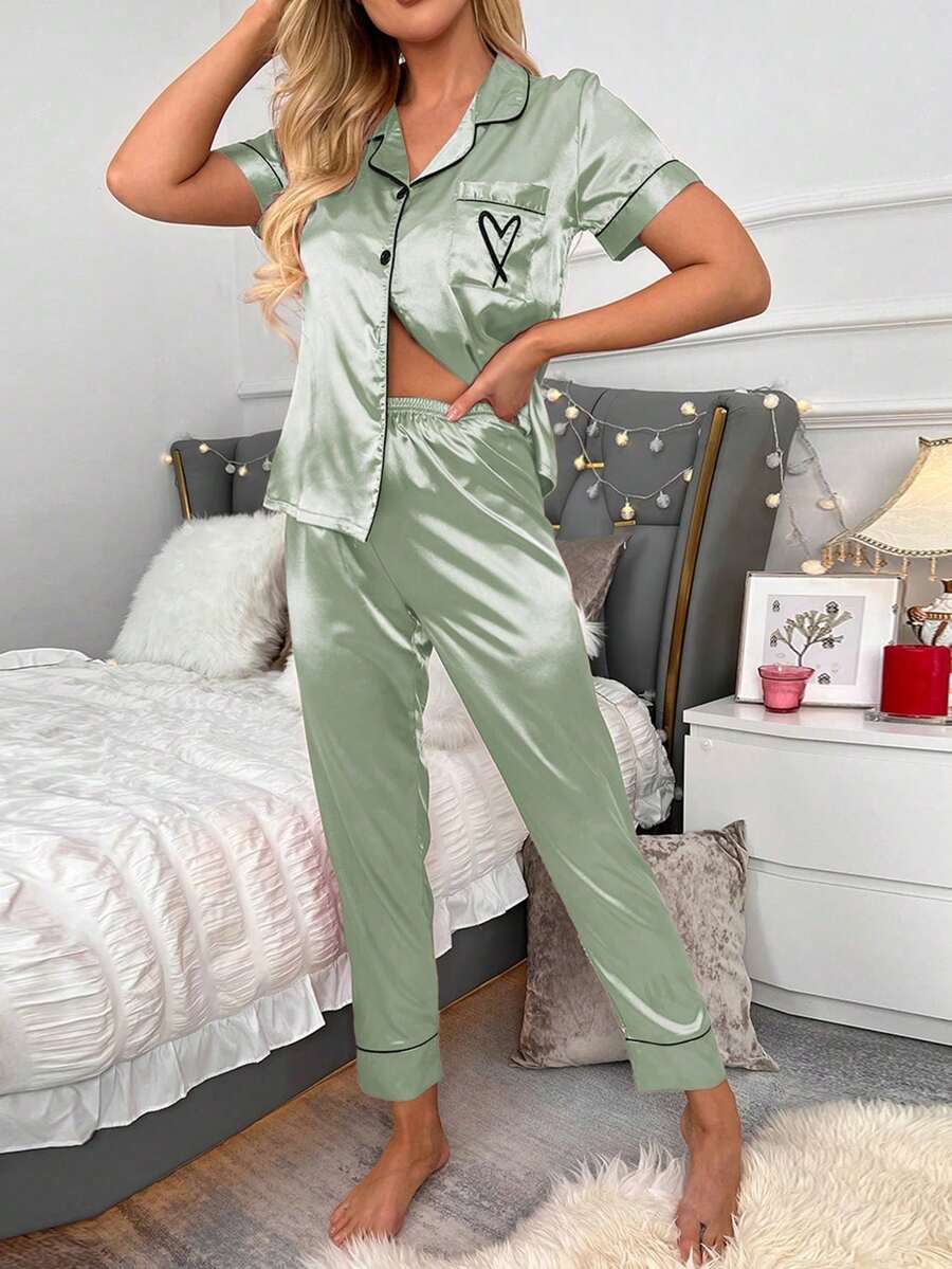 Two-Pieces Set Of Short-Sleeved Top And Long Pants Pajamas With Silk-Like Texture And Embroidered Hearts