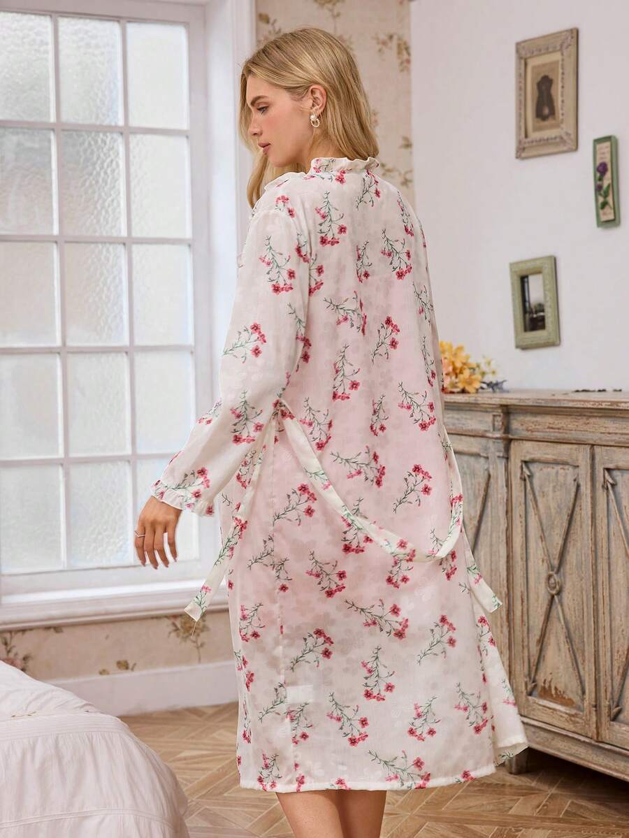 Two-piece floral print sheer jacket and satin slip dress set