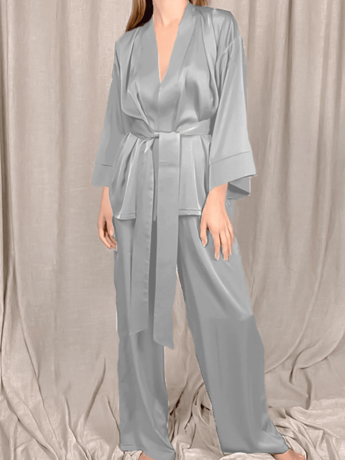 2pcs Women Solid Color Ice Silk Tied Long Sleeve Cardigan And Wide-Leg Pants Sleepwear Set, Comfy, Two Pieces Set 2pcs Women Solid Color Ice Silk Tied Long Sleeve Cardigan And Wide-Leg Pants Sleepwear Set, Comfy, Two Pieces Set