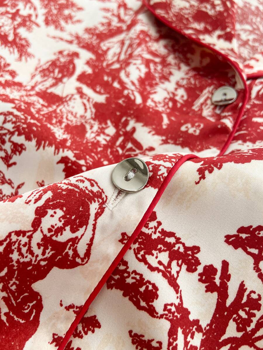 2pcs Women's Ink Printing Ice Silk Pajamas, Simple Turn-Down Collar Long Sleeve Homewear Set, Two Pieces Set 2pcs Women's Ink Printing Ice Silk Pajamas, Simple Turn-Down Collar Long Sleeve Homewear Set, Two Pieces Set