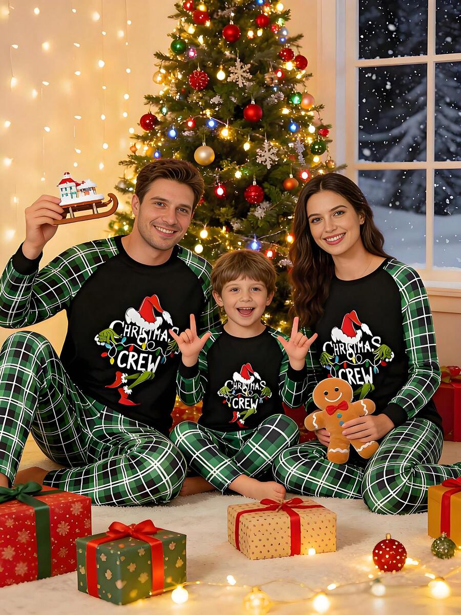 Christmas Parent-Child Pajama Set, Including A Green Monster-Patterned Long-Sleeved Top And Plaid Trousers. Christmas Loungewear.