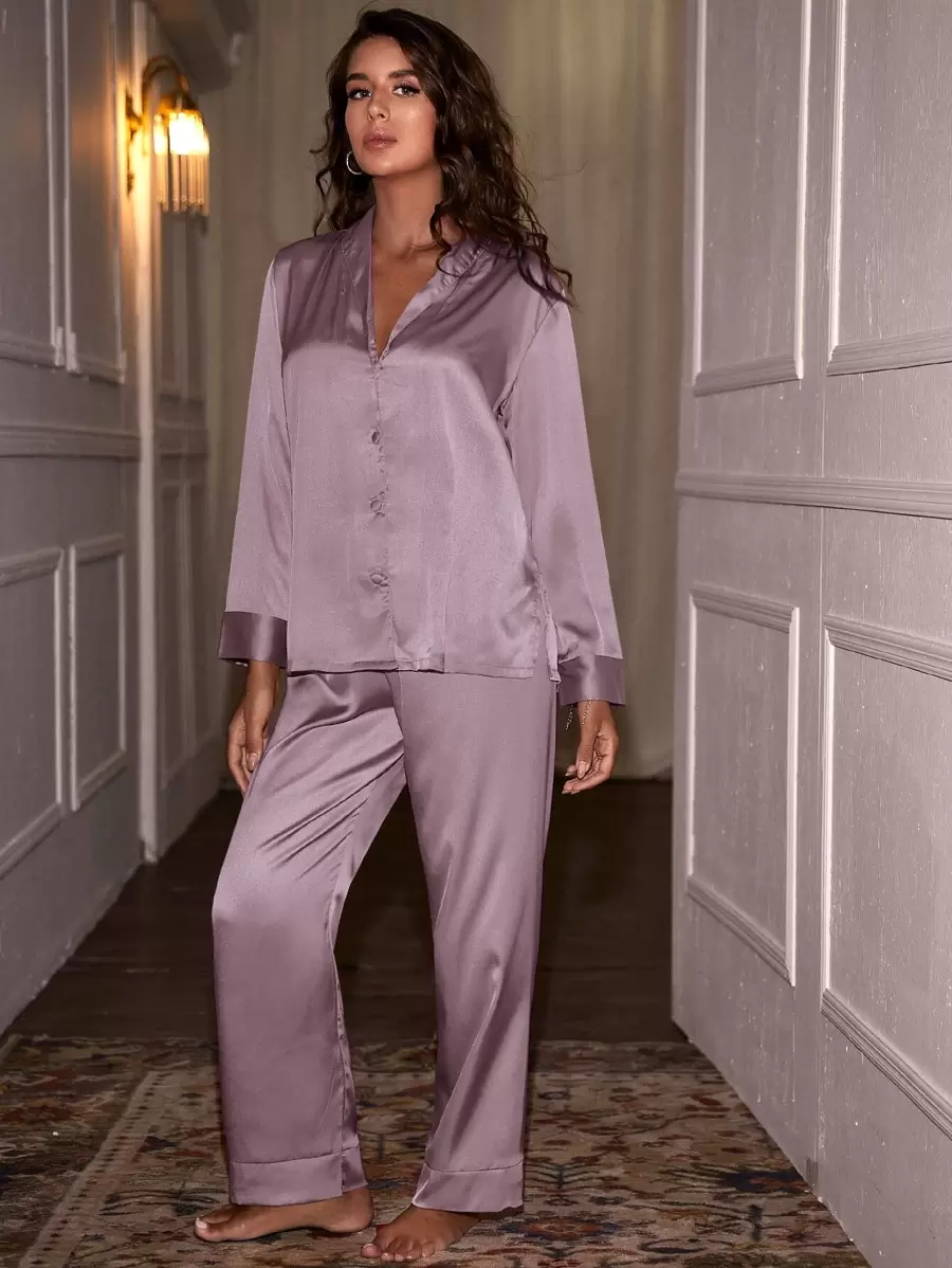 Shawl Collar Satin Pajama Set, Fall Winter Clothes