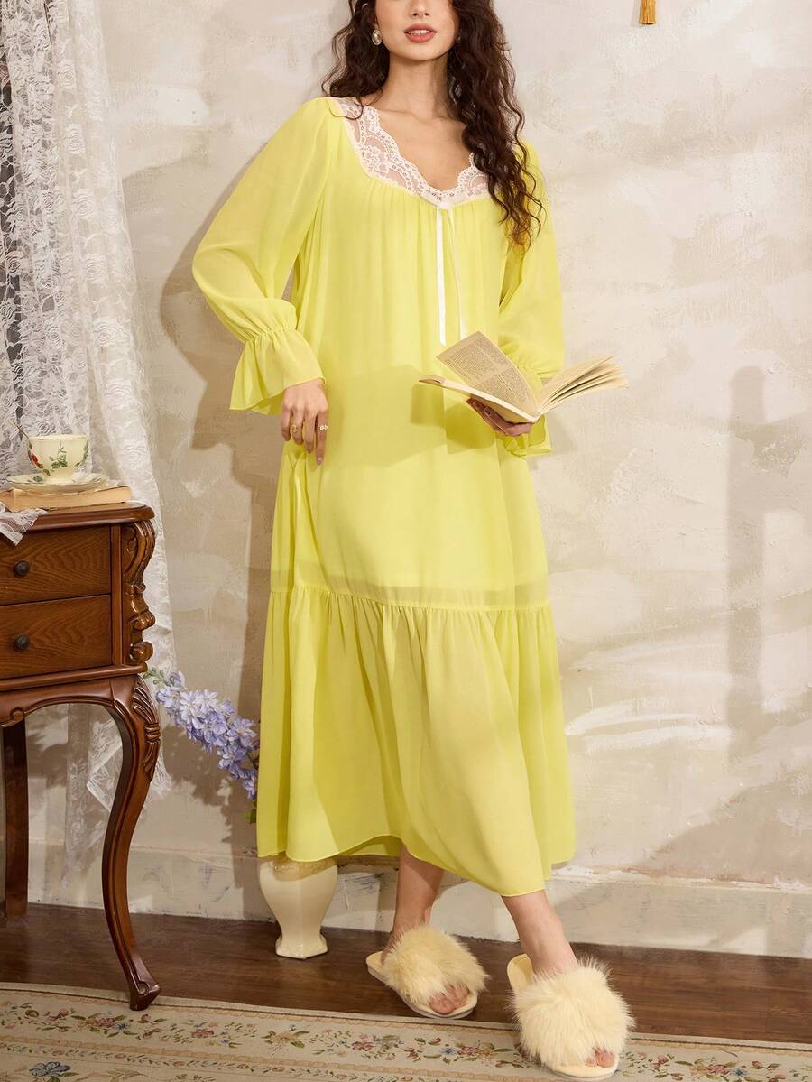 Romantic French elegant lace stitching bow decoration bell sleeves ruffled loose women's nightgown, suitable for Valentine's Day Romantic French elegant lace stitching bow decoration bell sleeves ruffled loose women's nightgown, suitable for Valentine's Day