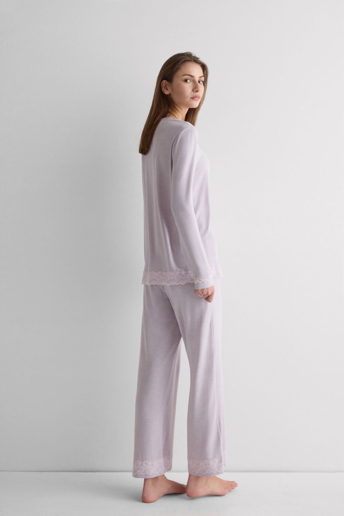 Lace Trim Button Up Full Length Pajamas in Modal