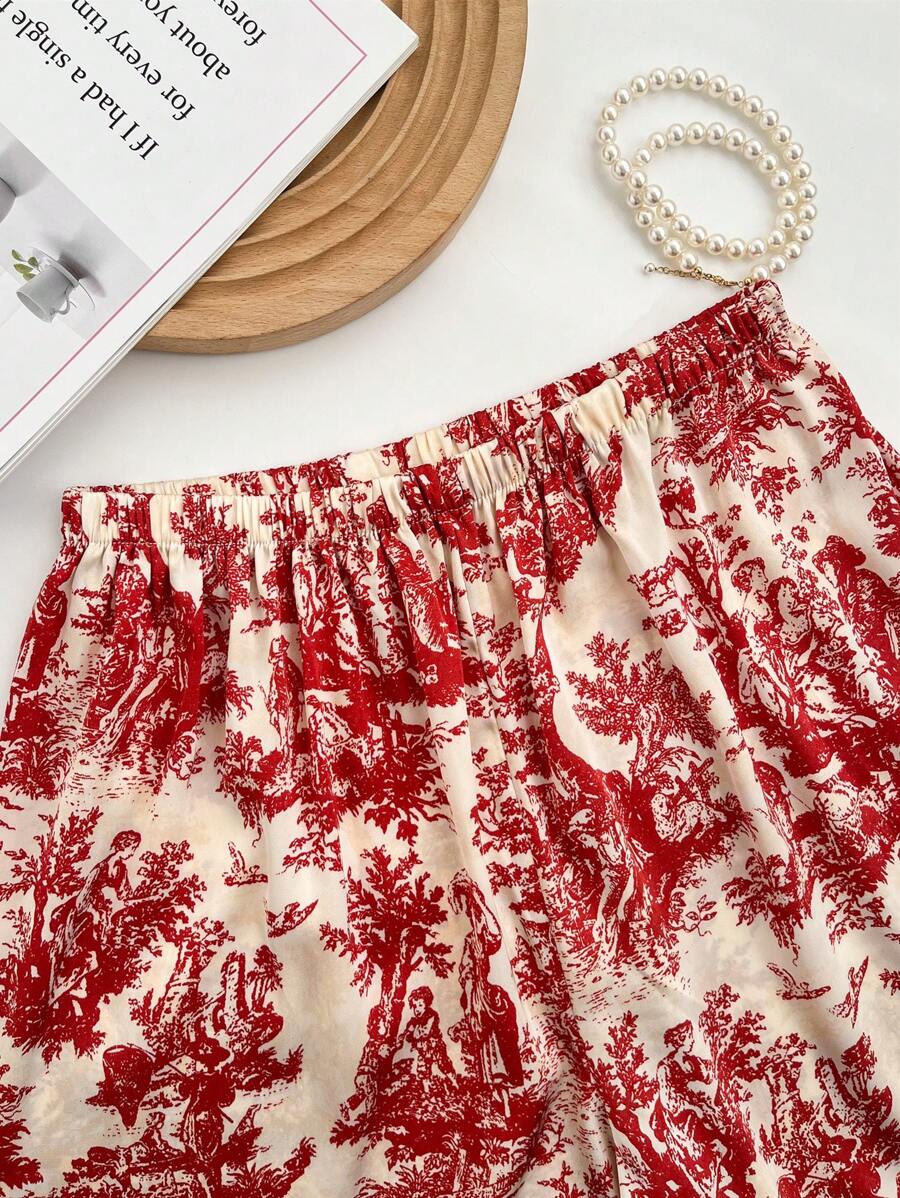 2pcs Women's Ink Printing Ice Silk Pajamas, Simple Turn-Down Collar Long Sleeve Homewear Set, Two Pieces Set 2pcs Women's Ink Printing Ice Silk Pajamas, Simple Turn-Down Collar Long Sleeve Homewear Set, Two Pieces Set