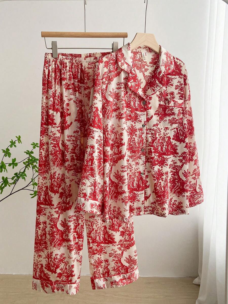 2pcs Women's Ink Printing Ice Silk Pajamas, Simple Turn-Down Collar Long Sleeve Homewear Set, Two Pieces Set