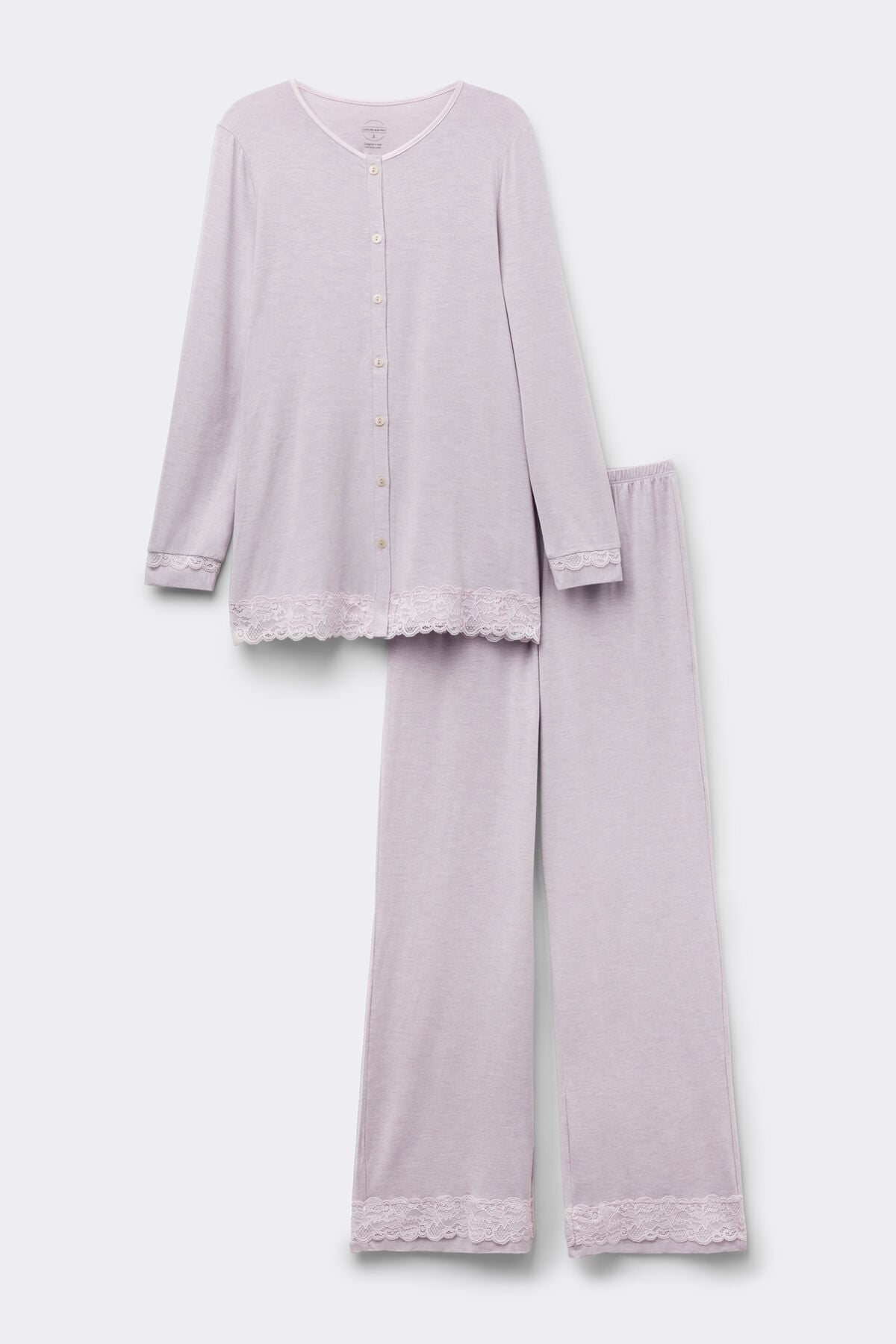 Lace Trim Button Up Full Length Pajamas in Modal