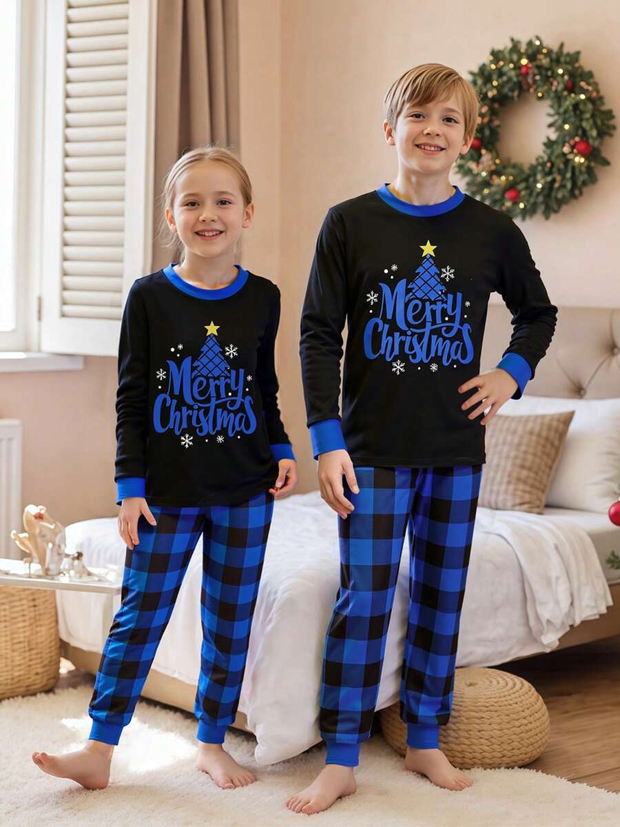 Christmas Parent-Child Pajama Set: Long-Sleeved Top With Star, Moon, And Tree Print Paired With Buffalo Plaid Trousers.