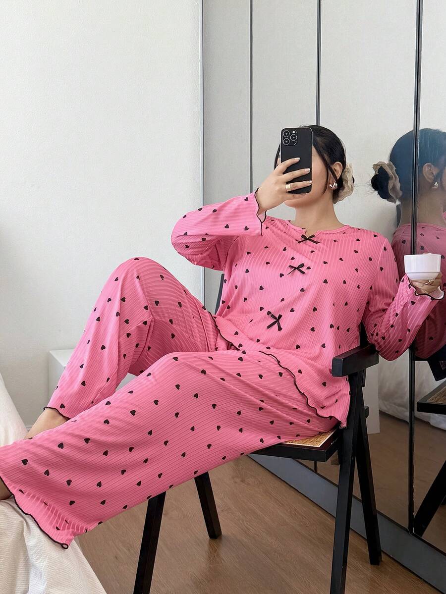 Plus Size Women Ribbed Ruffle Trim Heart Print Long Sleeve Top & Pants Pajama Set With Bow, Winter Clothes