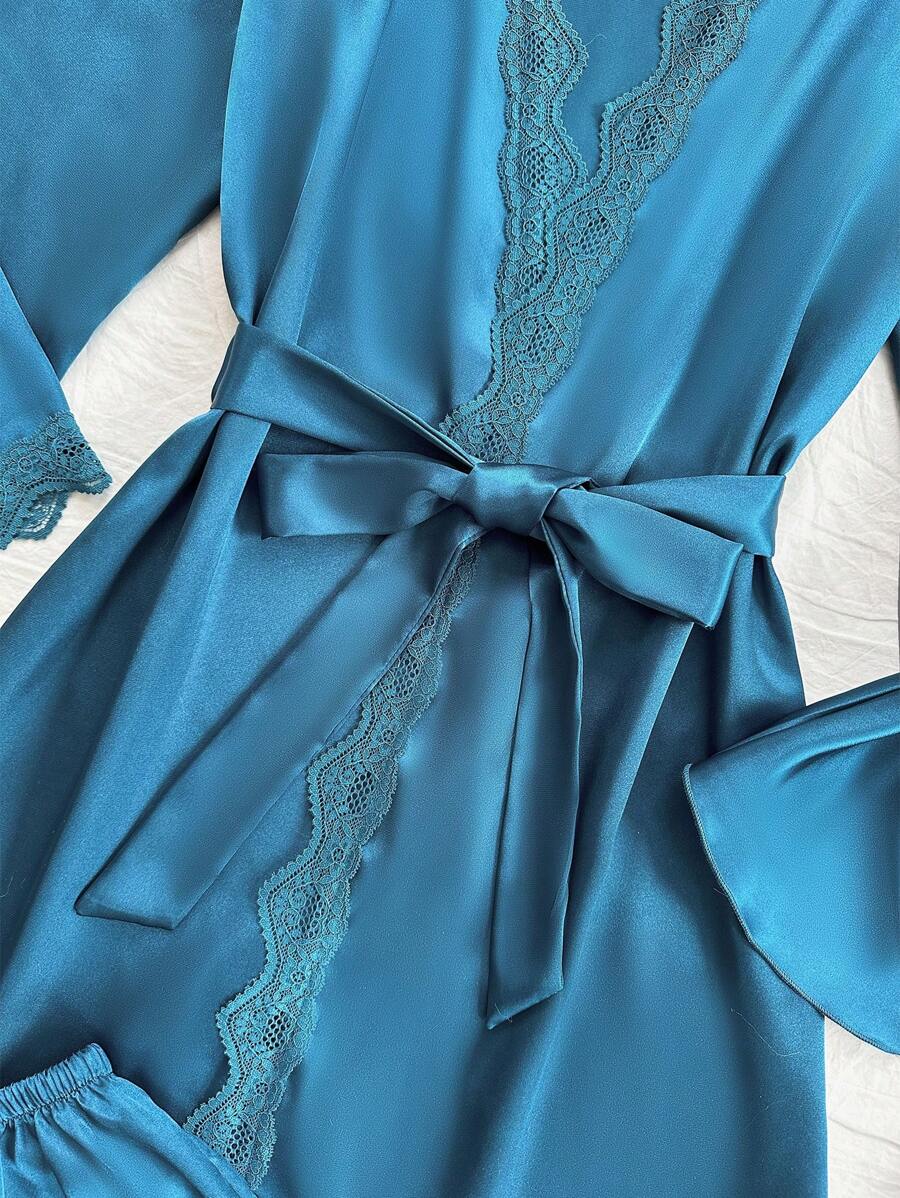 4pcs Pajama Set Lace Patchwork Faux Silk Camisole, Shorts, Pants And Belted Robe, Fall Winter Clothes