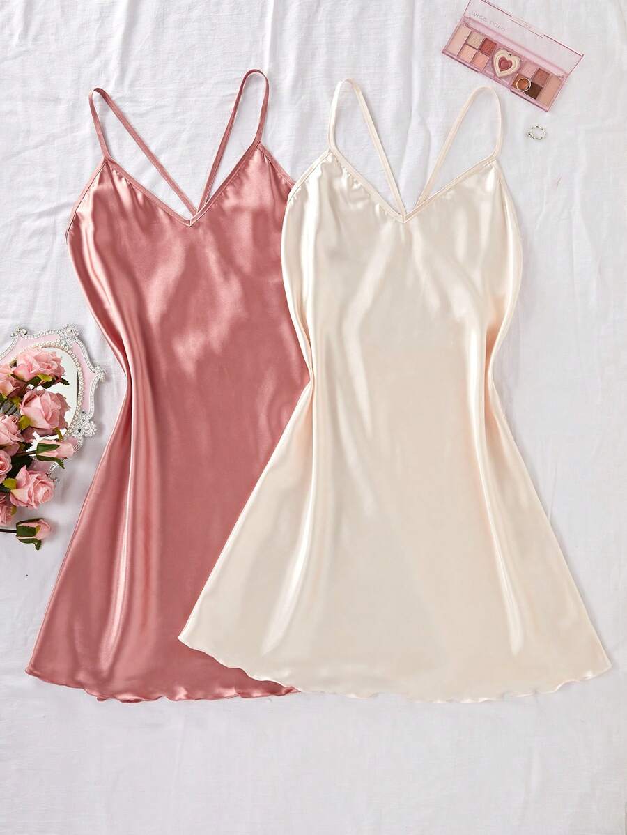 Women's spaghetti strap backless gentle and sweet solid color cross shoulder strap satin nightgown two colors