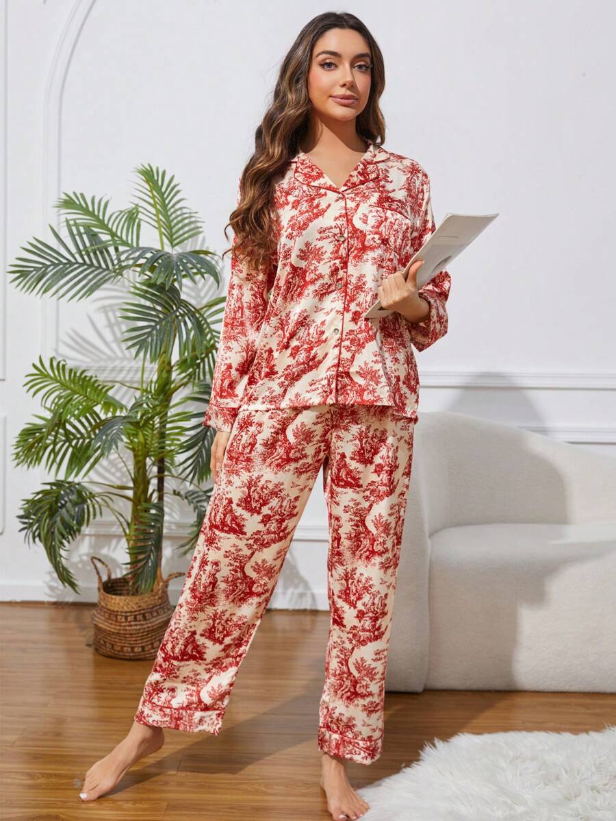 2pcs Women's Ink Printing Ice Silk Pajamas, Simple Turn-Down Collar Long Sleeve Homewear Set, Two Pieces Set 2pcs Women's Ink Printing Ice Silk Pajamas, Simple Turn-Down Collar Long Sleeve Homewear Set, Two Pieces Set