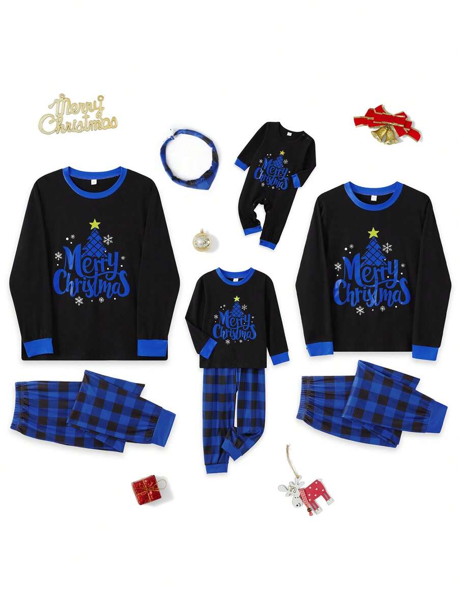 Christmas Parent-Child Pajama Set: Long-Sleeved Top With Star, Moon, And Tree Print Paired With Buffalo Plaid Trousers.
