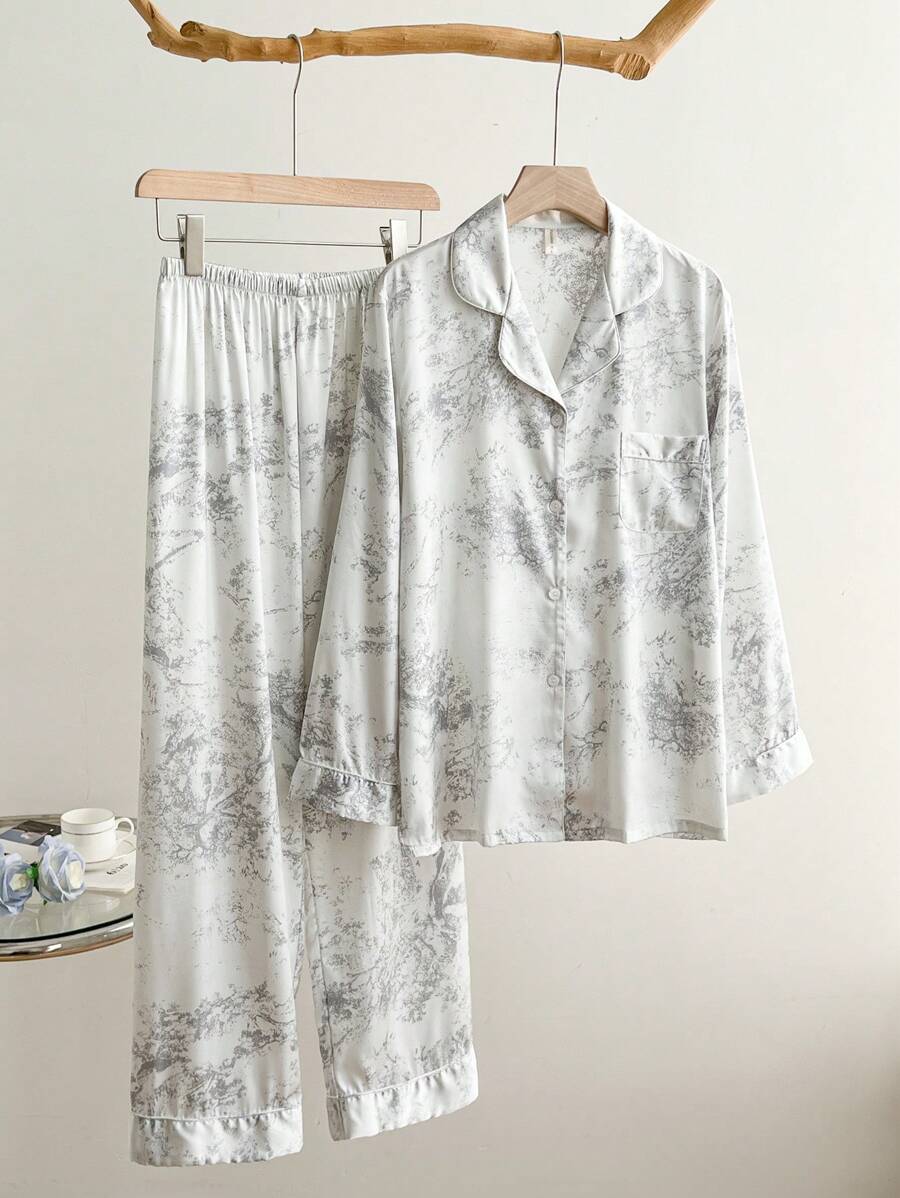 2pcs Women's Ink Printing Ice Silk Simple Home Wear Long Sleeve Top And Pants, Two Pieces Set