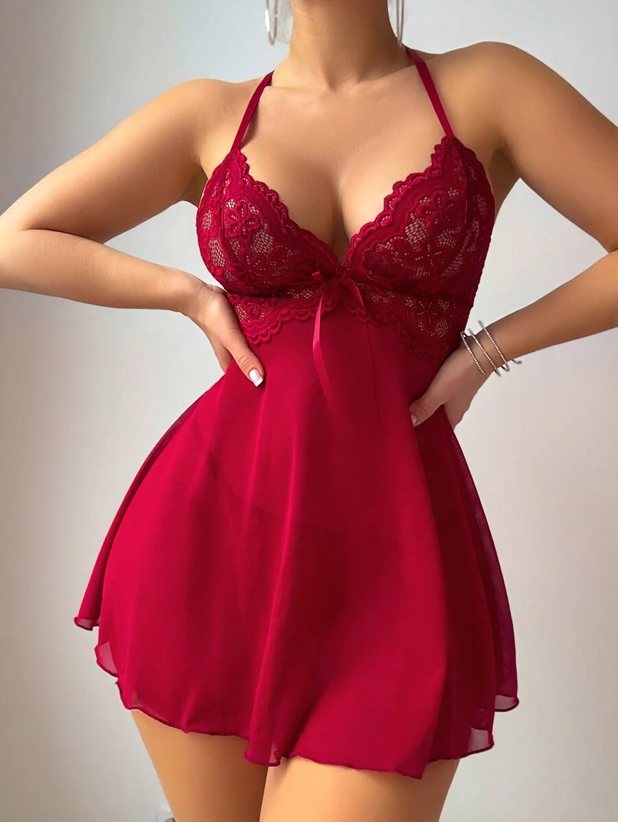 Sexy lace and mesh backless A-line skirt suit, burgundy Sexy lace and mesh backless A-line skirt suit, burgundy