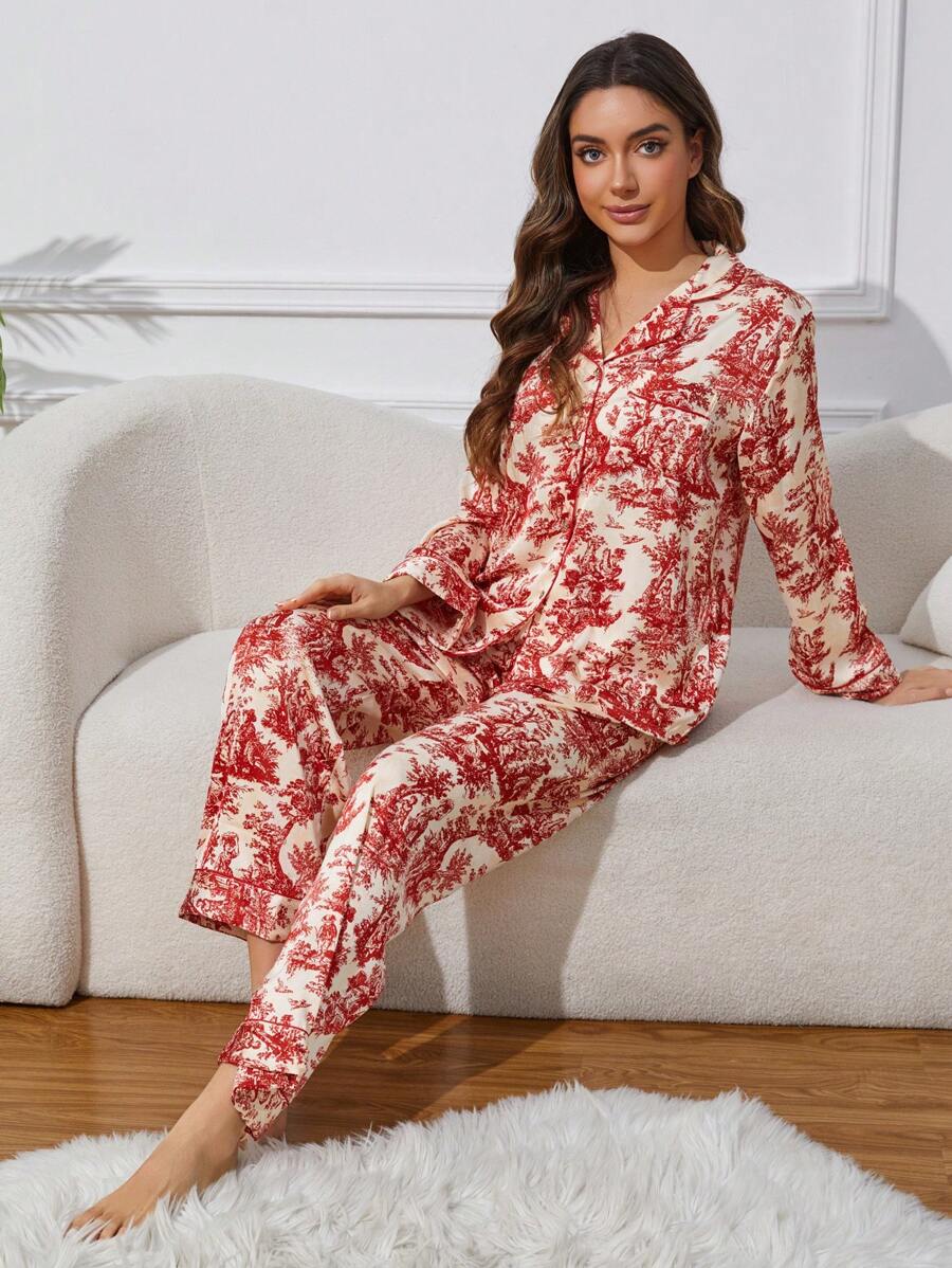 2pcs Women's Ink Printing Ice Silk Pajamas, Simple Turn-Down Collar Long Sleeve Homewear Set, Two Pieces Set 2pcs Women's Ink Printing Ice Silk Pajamas, Simple Turn-Down Collar Long Sleeve Homewear Set, Two Pieces Set