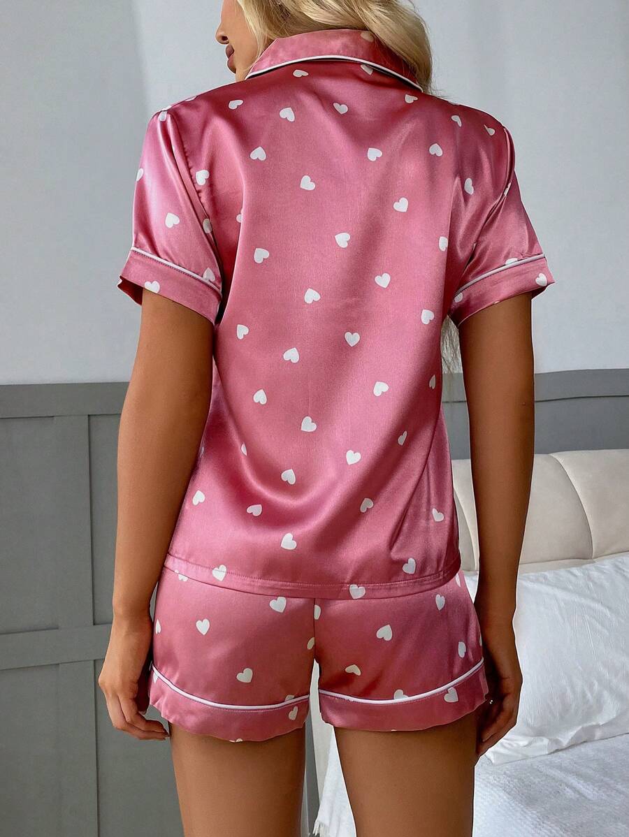 Imitated Silk Heart Print Short Sleeve Top And Shorts Pajamas Set