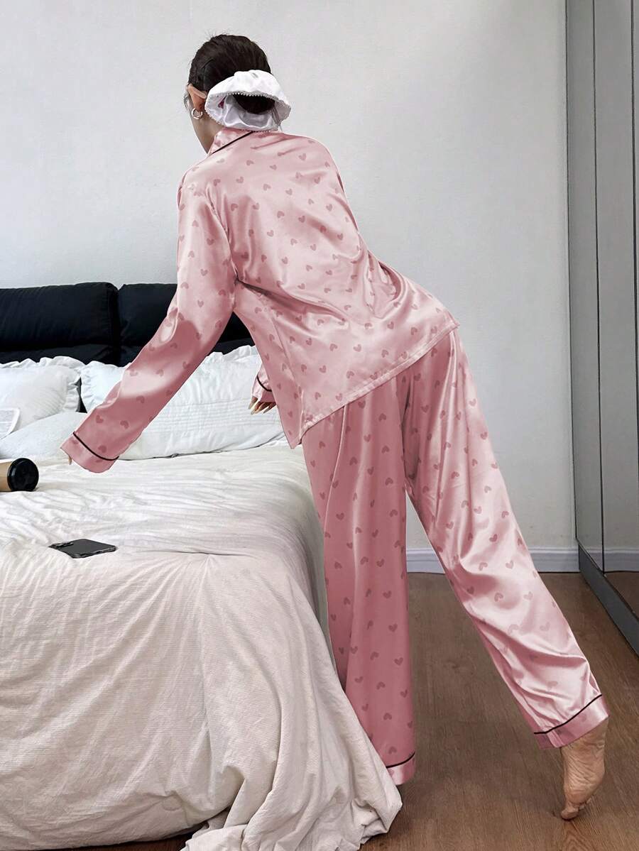 Faux Silk Heart Print Long Sleeve & Pants Pajama Set