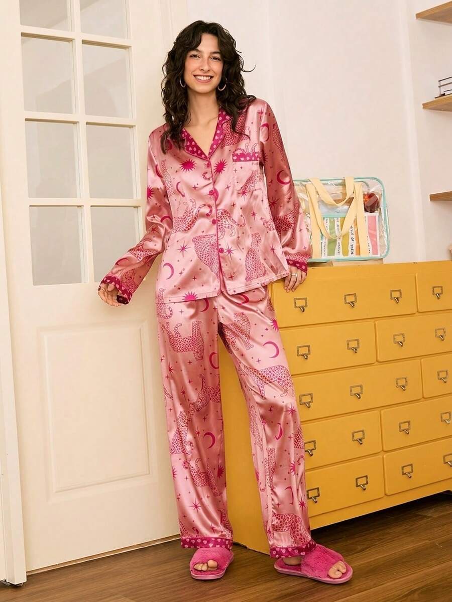 Valentine's Day Couple Fashion Leopard, Star, Heart Print Contrast Cuff & Collar Open Front Colorblock Pink Women PJS Pajamas Sets