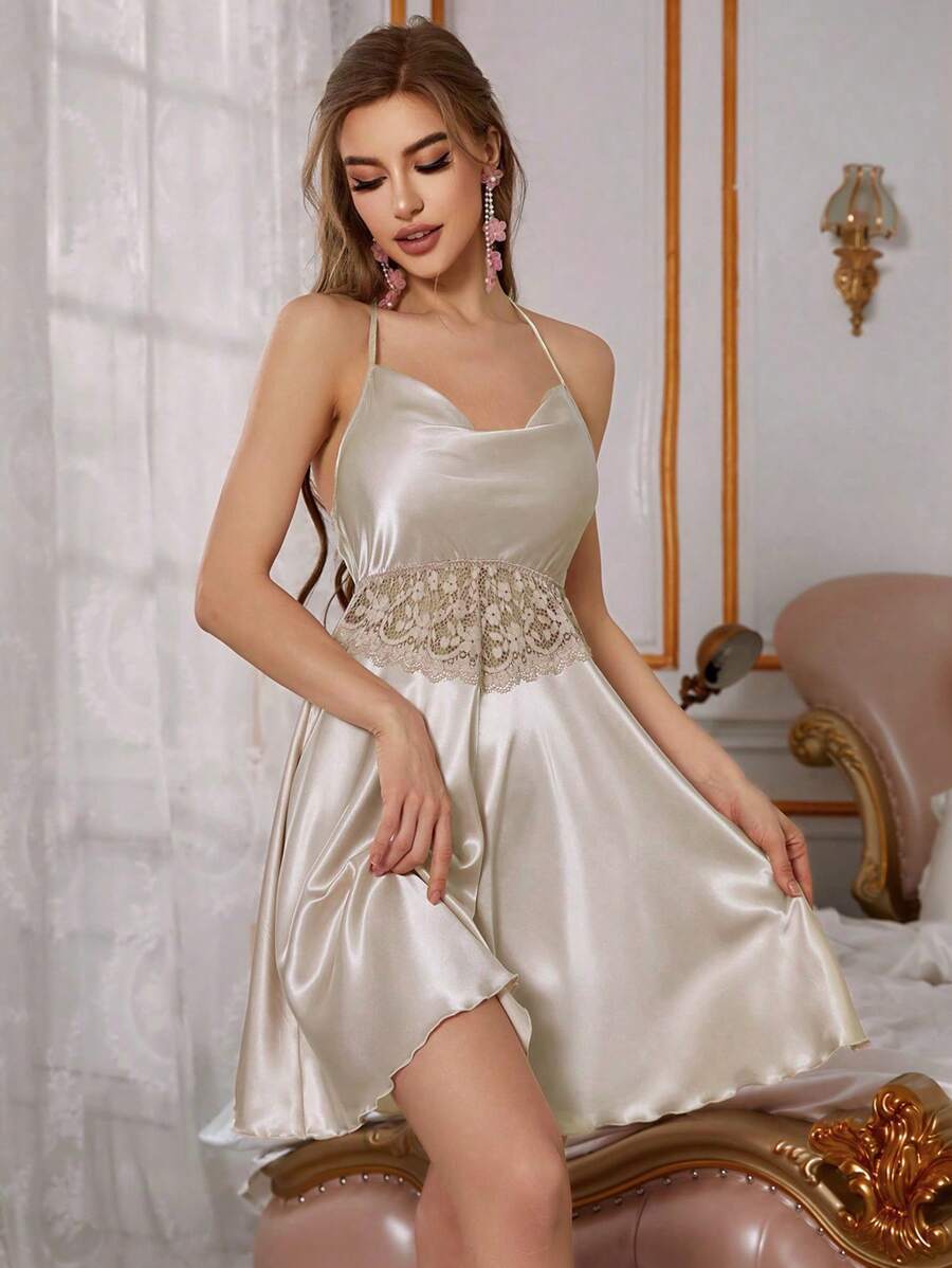 Lace-trimmed satin V-neck women's nightgown with adjustable straps