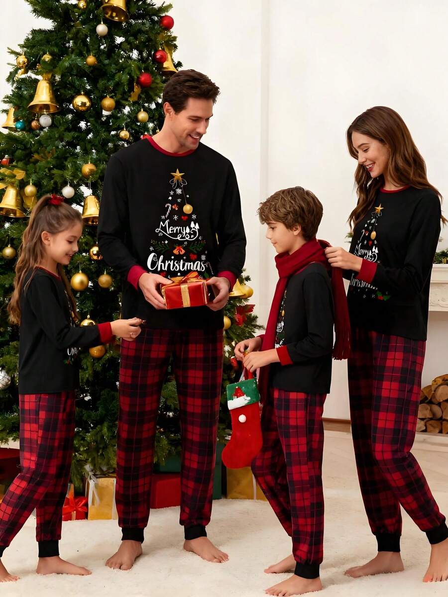 Christmas Pajama Set For Parents And Children - Long-Sleeved Top With Letter And Snowflake Print + Plaid Trousers, Soft Pure Cotton Loungewear, Suitable For A Family Of Four. Homewear Set, Parent-Child Set.