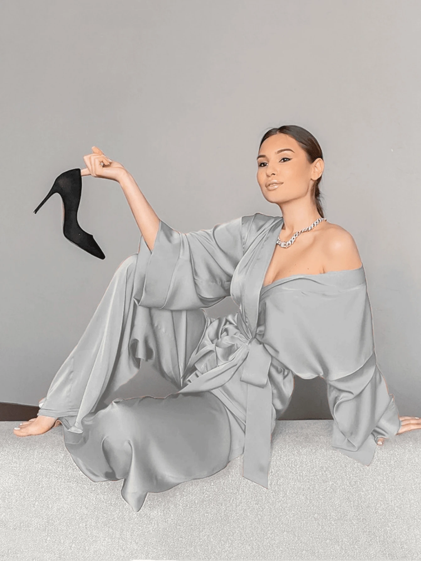 2pcs Women Solid Color Ice Silk Tied Long Sleeve Cardigan And Wide-Leg Pants Sleepwear Set, Comfy, Two Pieces Set 2pcs Women Solid Color Ice Silk Tied Long Sleeve Cardigan And Wide-Leg Pants Sleepwear Set, Comfy, Two Pieces Set