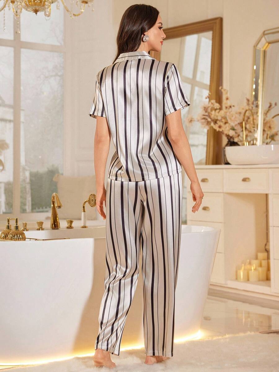 Women's new striped pocket embroidered short-sleeved pajama set women's satin pajama set