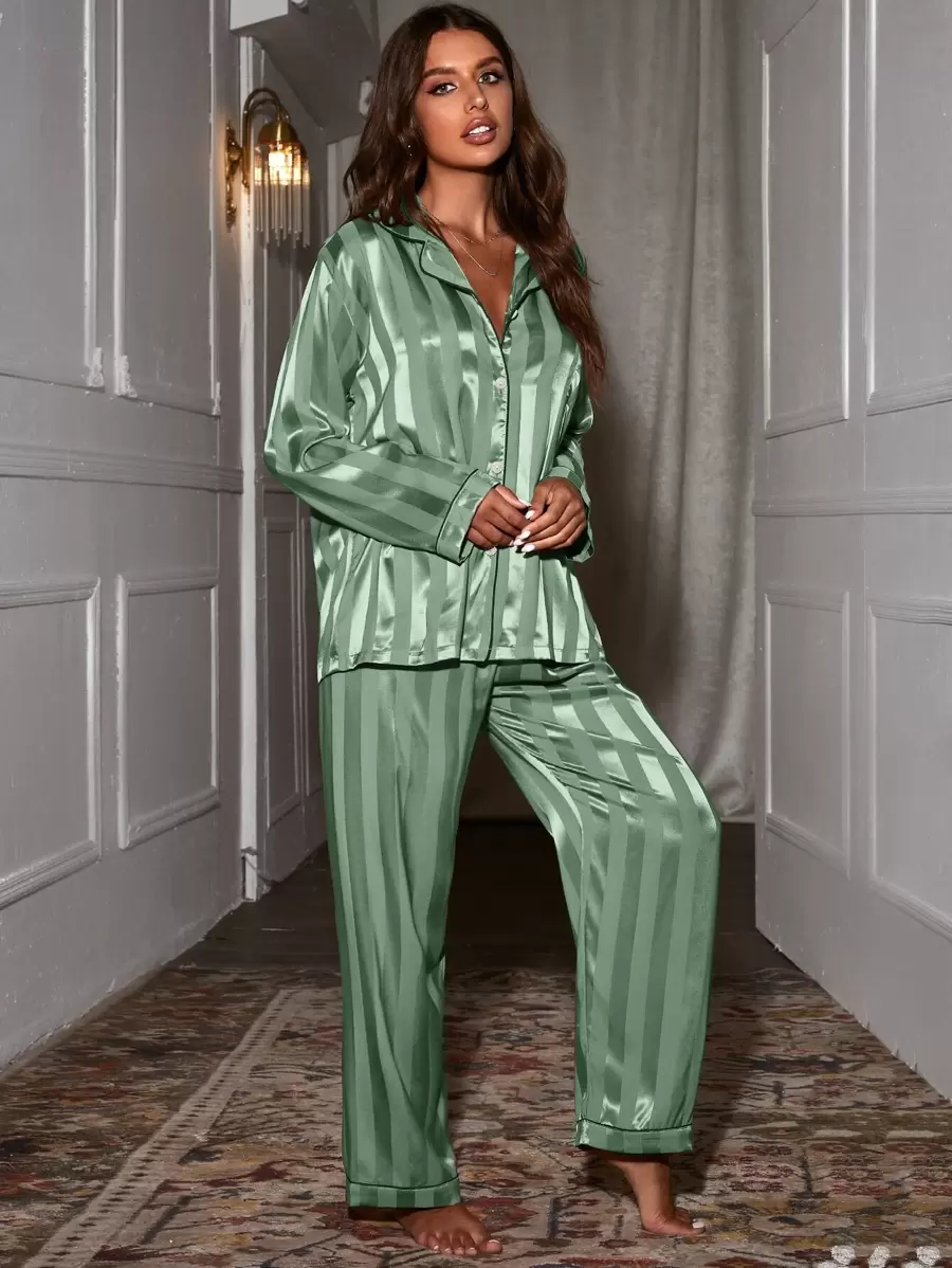 Contrast Binding Satin Pajama Set, Fall Winter Clothes