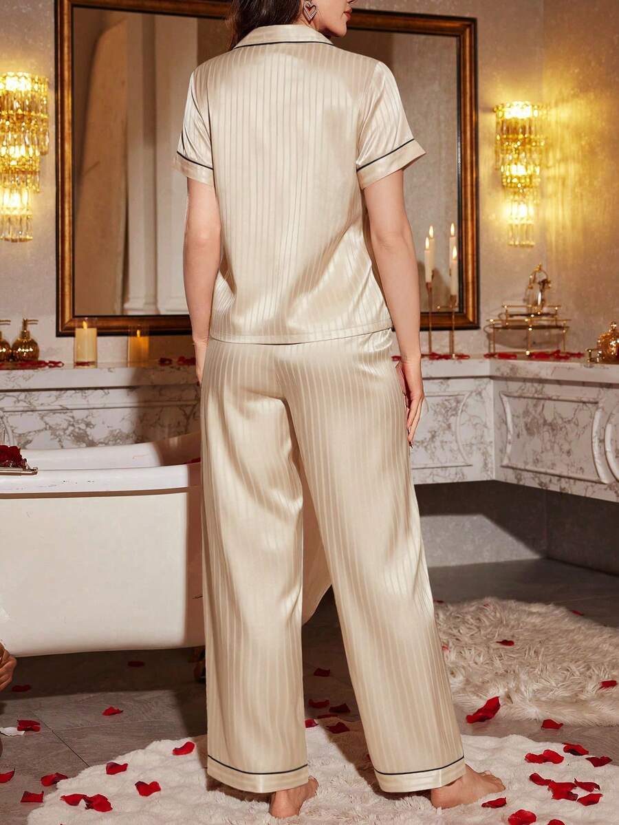 Faux Silk Striped Jacquard Pocket Heart Embroidery Lapel Short Sleeve Pajama Set